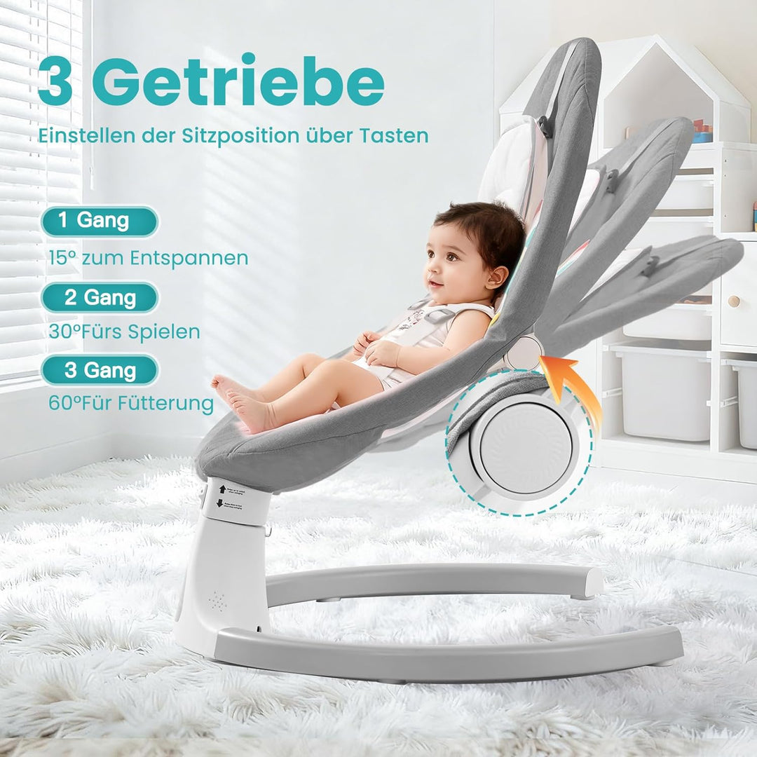 Babywippe Elektrisch,Babyschaukel Indoor Bluetooth, 5 Schwinggeschwindigkeit, 3 Winkellage, Fernsteu