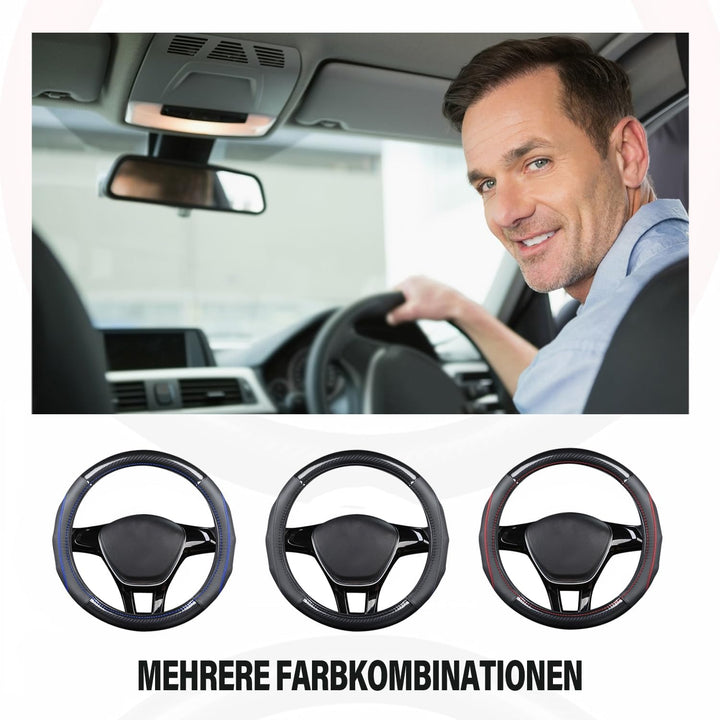 Ergocar Auto Lenkradbezug Rutschfester Auto Lenkradschutz D-Form Kohlefaser & Erste Schicht Rindsled