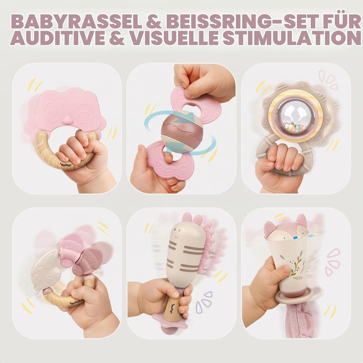 Baby Spielzeug ab 3 Monate, Beissring Baby Rassel 0-6 Monate Sensorik Zahnungshilfe Neugeborenen Ges
