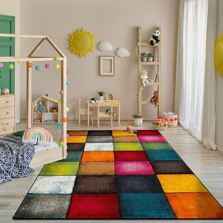 Paco Home Teppich Wohnzimmer Kinderzimmer Kurzflor Moderne 3D Optik Kariert Geometrische Muster, Grö