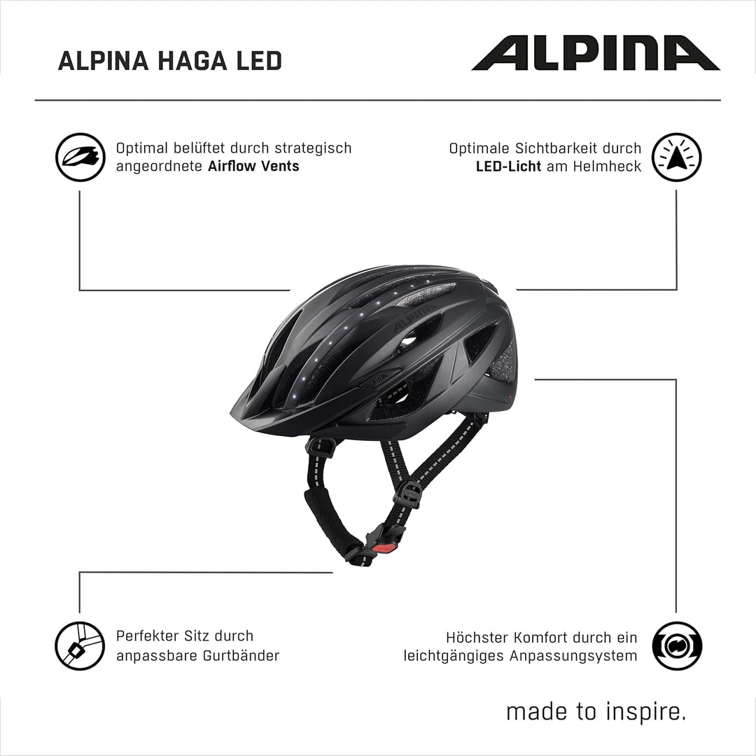 ALPINA HAGA LED - Stossabsorbierender, Beleuchteter & Optimal Anpassbarer Fahrradhelm Mit Integriert