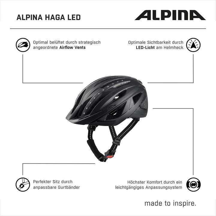 ALPINA HAGA LED - Stossabsorbierender, Beleuchteter & Optimal Anpassbarer Fahrradhelm Mit Integriert
