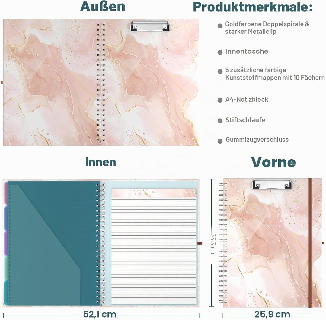 Hnogri Klemmbrett Folio mit nachfüllbarem linierten Notizblock, Klemmbretter mit 5 A4-Ordnern Lageru