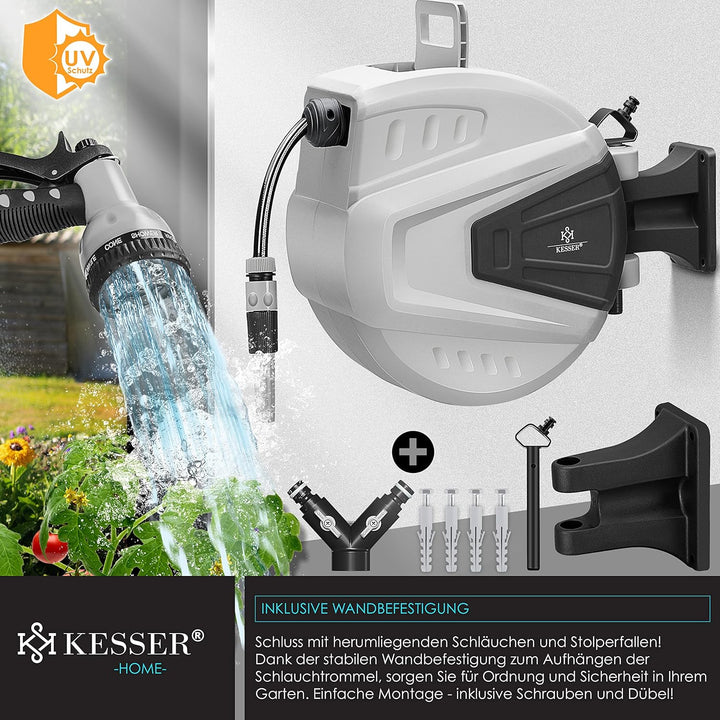 KESSER® Schlauchtrommel 30+2m Schlauchaufroller Wasser | Multi-Handbrause | 180° Schwenkbar | Aufwic