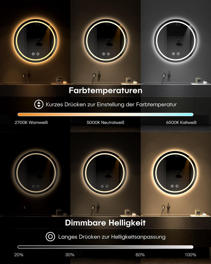 Dripex Badspiegel mit Beleuchtung Rund Led Spiegel mit Touch-Schalter, Dimmbar, 3 Lichtfarbe Einstel