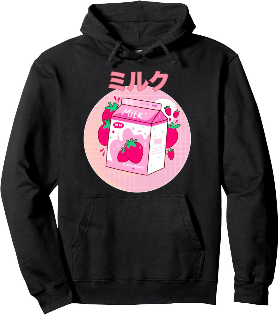 Japanese Kawaii Strawberry Retro 90s Milk Shake Carton Funny Pullover Hoodie