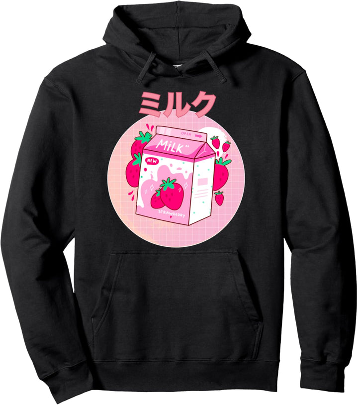 Japanese Kawaii Strawberry Retro 90s Milk Shake Carton Funny Pullover Hoodie