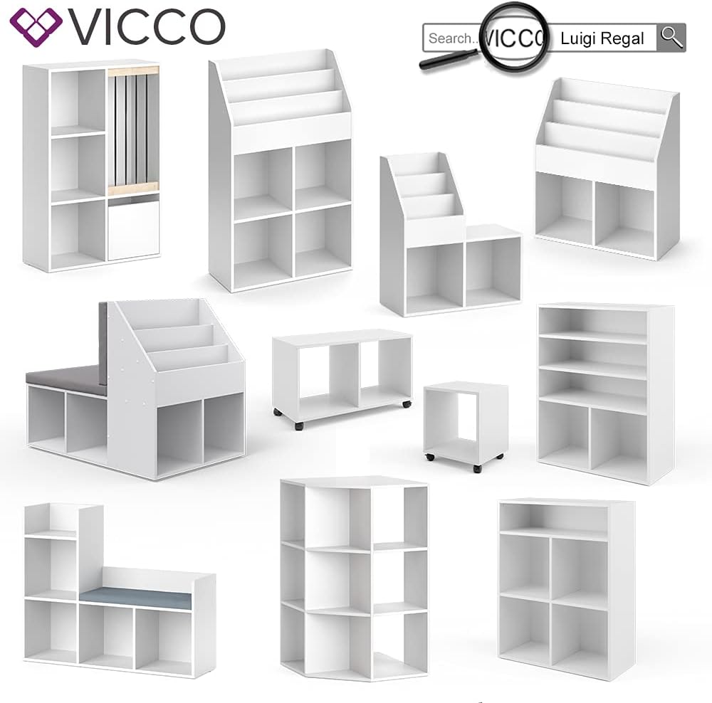 Vicco Kinderregal, Weiss, 72 x 42.4 cm mit 2 Faltboxen, auf Rollen fahrbar mit Zwei offenen Ablagefl