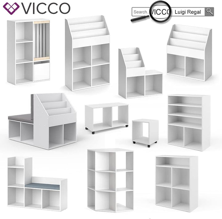 Vicco Kinderregal, Weiss, 72 x 42.4 cm mit 2 Faltboxen, auf Rollen fahrbar mit Zwei offenen Ablagefl