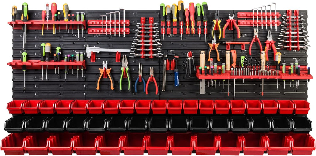 Lagersystem Werkstattregal | 156 x 78 cm | 47 stck. Box | Wandregal mit Werkzeughalterungen und Stap