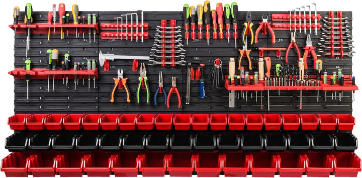 Lagersystem Werkstattregal | 156 x 78 cm | 47 stck. Box | Wandregal mit Werkzeughalterungen und Stap