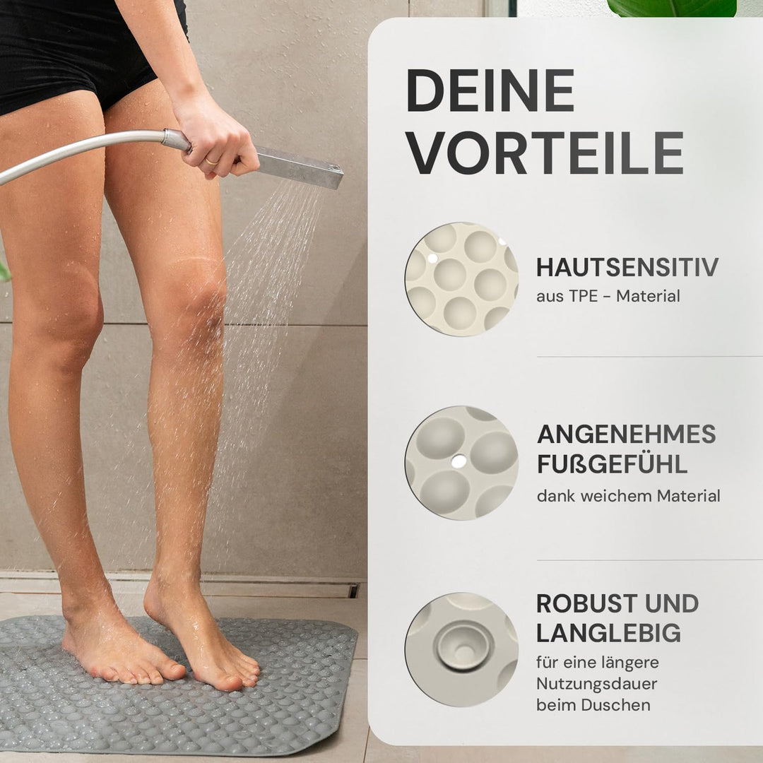Duschmatte rutschfest 52 x 54 cm mit 2X Klebehaken 100% TPE - Robuste Antirutschmatte für Dusche & B