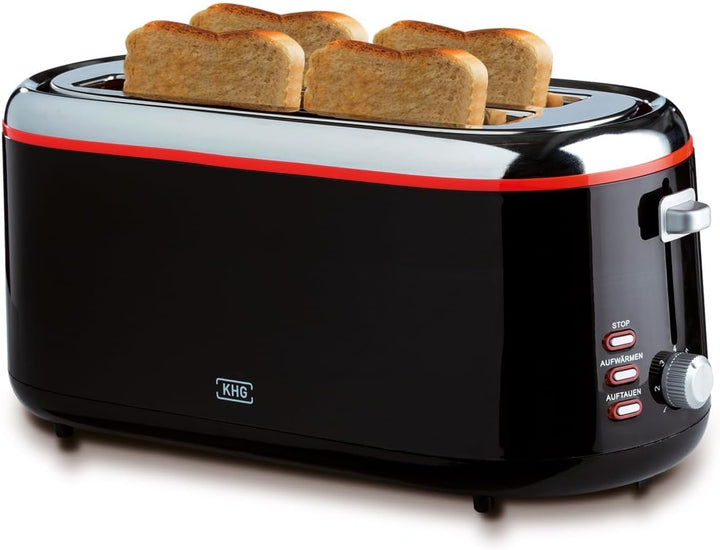 KHG TO-1301LSS Toaster Langschlitz, schwarz, 4 Scheiben, Kunststoff, mit Brötchenaufsatz, 7 Röstgrad