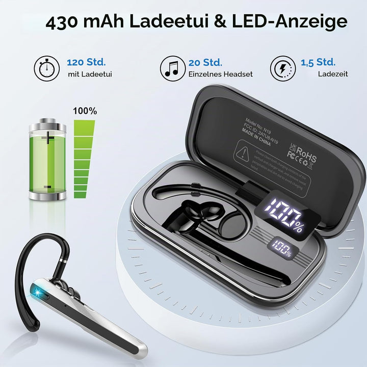 V5.3 Bluetooth Headset, Headset Kabellos Freisprech mit ENC Dual Geräuschunterdrückung Mic, 120 Std
