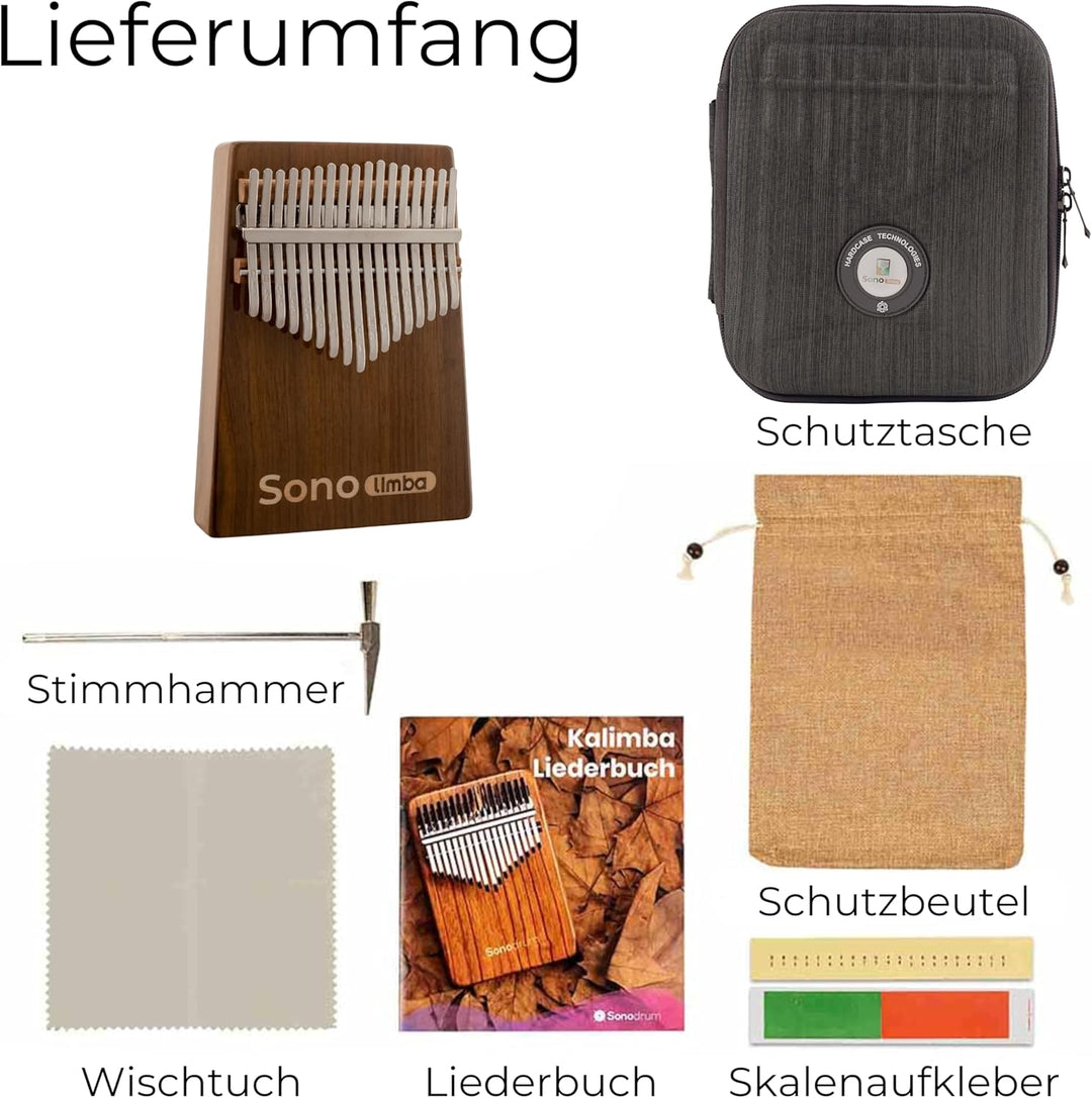 Kalimba "Sonolimba" mit 17 Schlüsseln in C - Dur aus Walnussholz - Daumenklavier inkl. Set mit Liede
