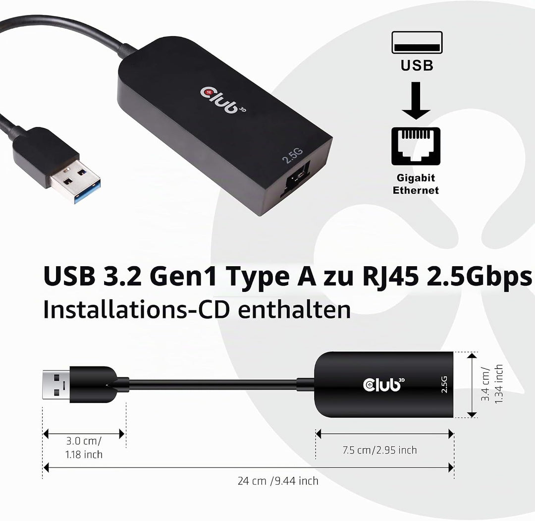 Club 3D USB 3.2 Gen1 Adapter Typ-A zu 2, 5 Gigabit Ethernet ST./BU. schwarz, CAC-1420