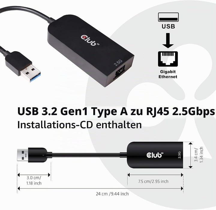 Club 3D USB 3.2 Gen1 Adapter Typ-A zu 2, 5 Gigabit Ethernet ST./BU. schwarz, CAC-1420