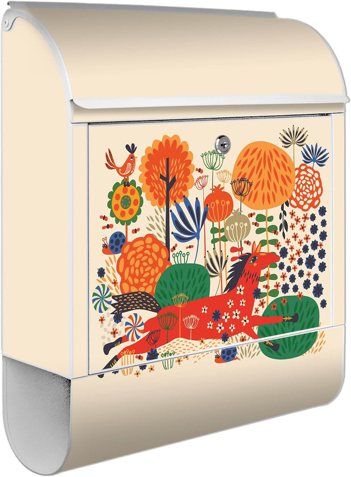 banjado® Design Briefkasten mit Motiv Rotes Pferd 39x47x14cm &amp; 2 Schlüssel - Briefkasten Stahl weiss