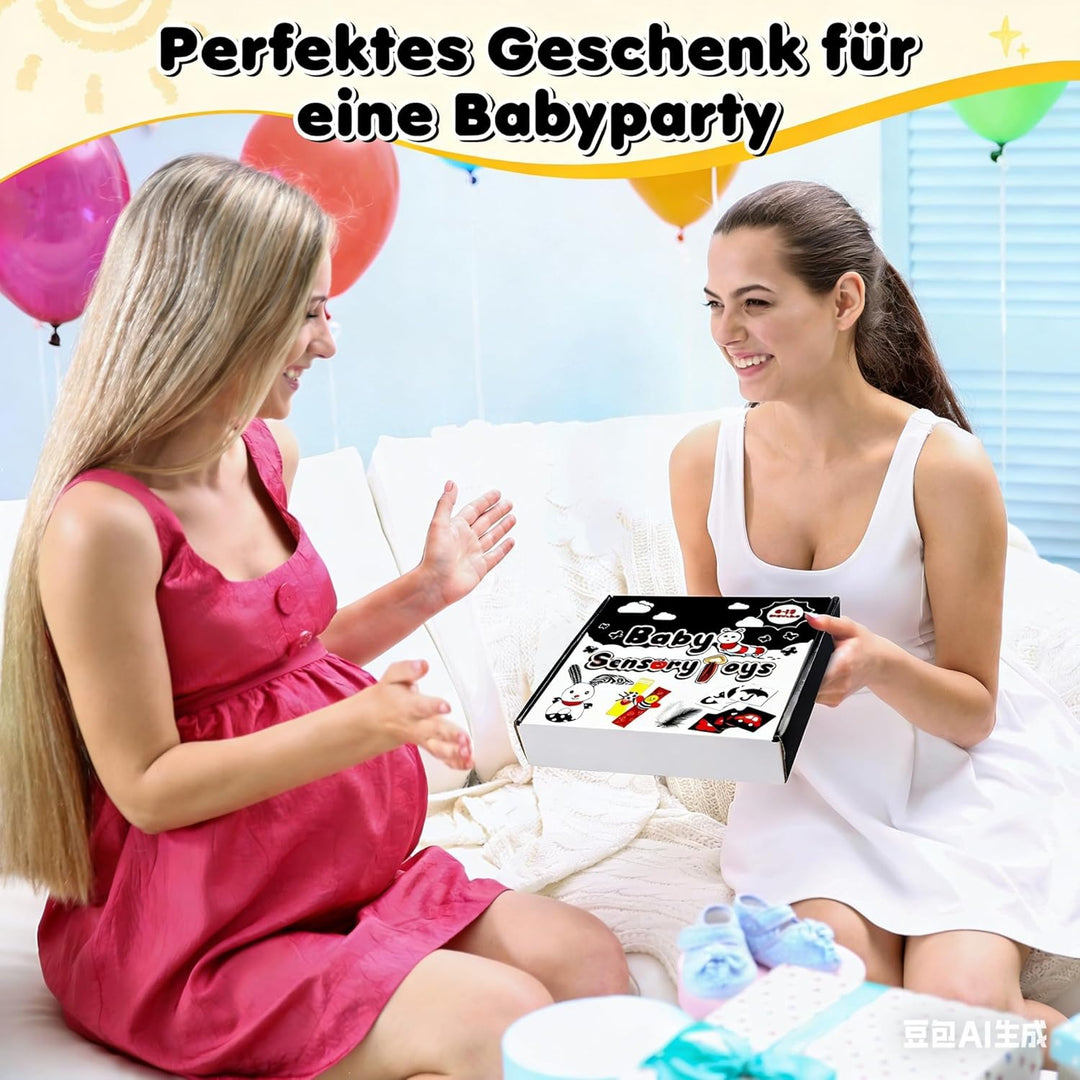 Kontrastkarten Baby - Montessori Baby Spielzeug 0-12 Monate, Greifring, Beissring und Aufbewahrungst