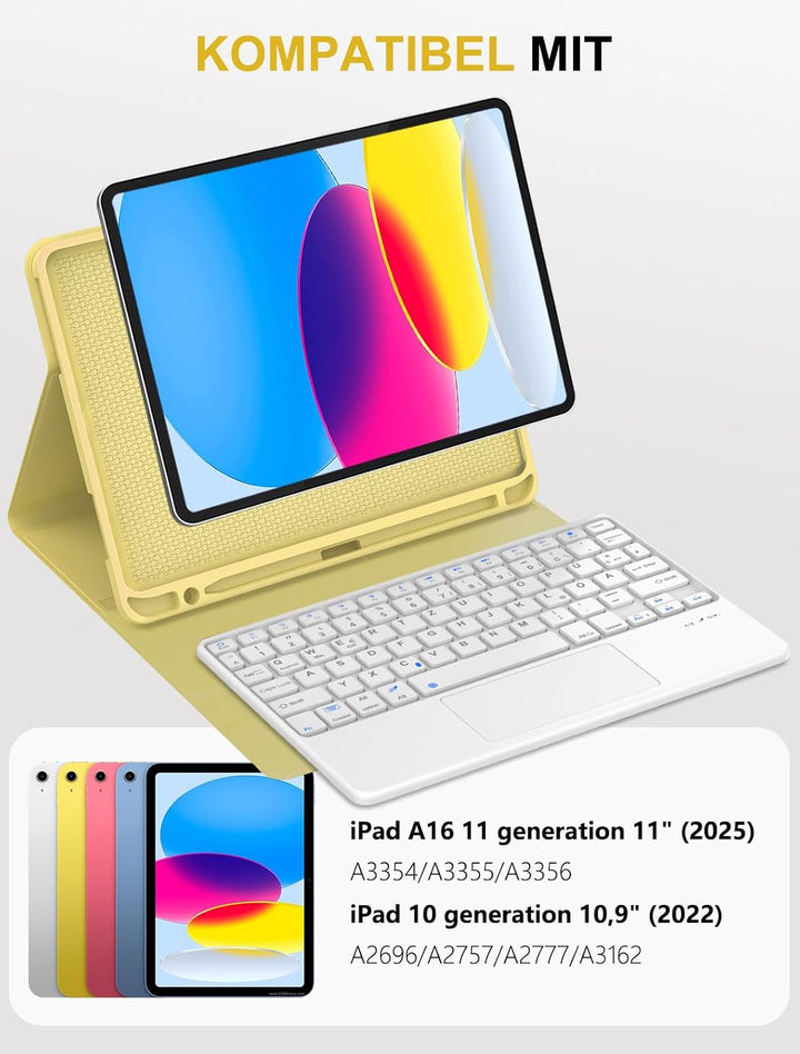 JADEMALL Hülle mit Tastatur für iPad 11./10. Generation, Mit Touchpad, Ohne Beleuchtung, QWERTZ DE L