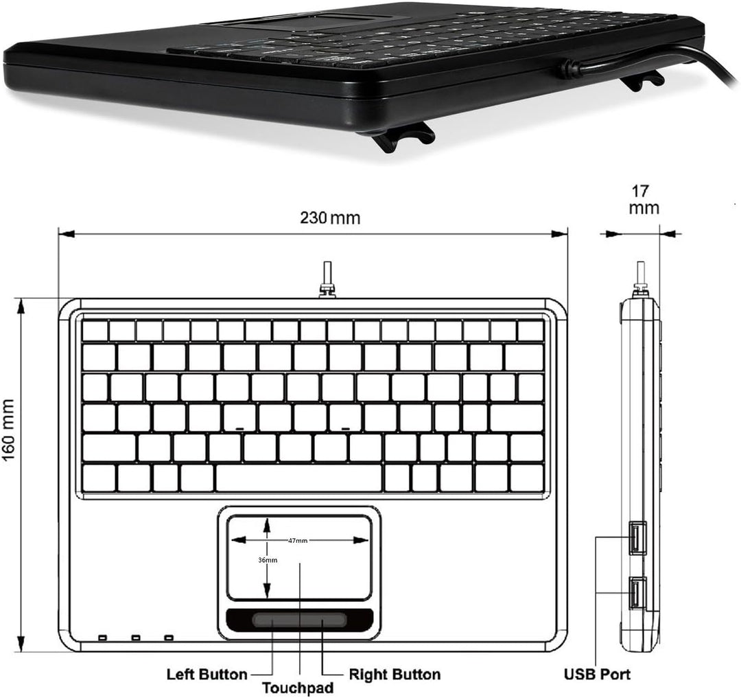 Perixx PERIBOARD-510 H Plus Super Mini Touchpad Tastatur USB mit 2-Fach USB Hub schwarz Layout: Deut