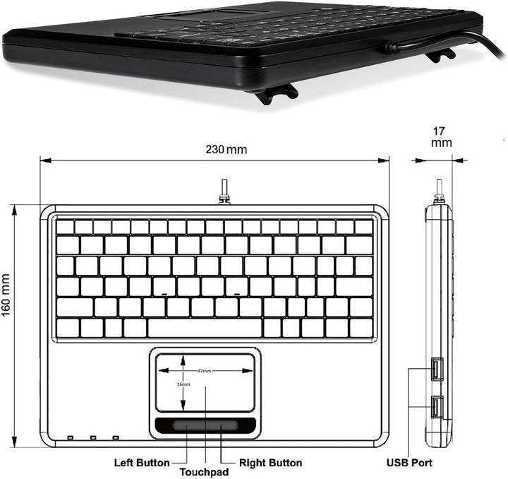 Perixx PERIBOARD-510 H Plus Super Mini Touchpad Tastatur USB mit 2-Fach USB Hub schwarz Layout: Deut