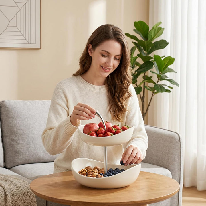 Zweistöckige Obstschale, eleganter Keramik Obstkorb mit abnehmbaren Etagen für eine optimale Geschma