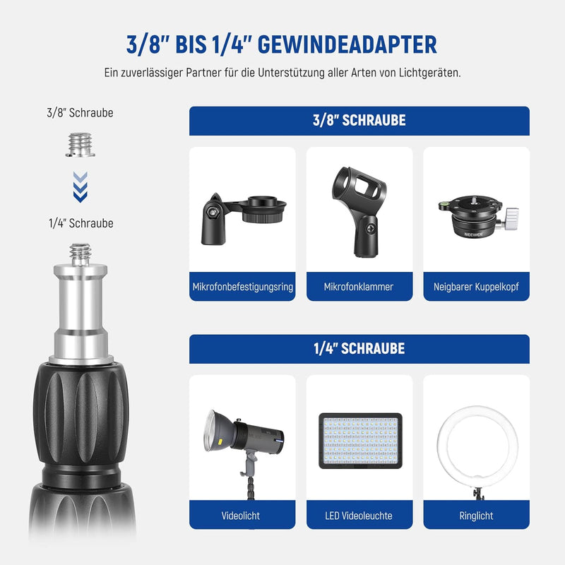 NEEWER Light Stand Carbon Fiber mit 180° umkehrbaren Beinen, 1/4" auf 3/8" Schraubenadapter und Tasc