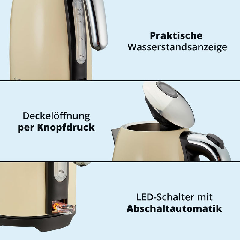 KHG Wasserkocher WK-1714 CE Creme Beige 1,7 Liter 2200 Watt, Retro Look, Abschaltautomatik, herausne