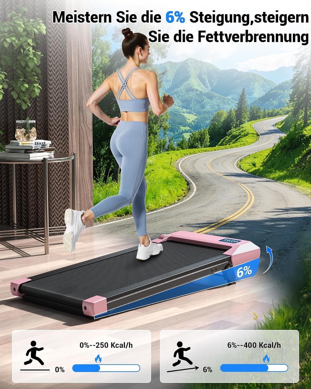 DeerRun Walking Pad mit Steigung 6% Laufband für Zuhause Schreibtisch für Büro, Kleines Leise mit Ap