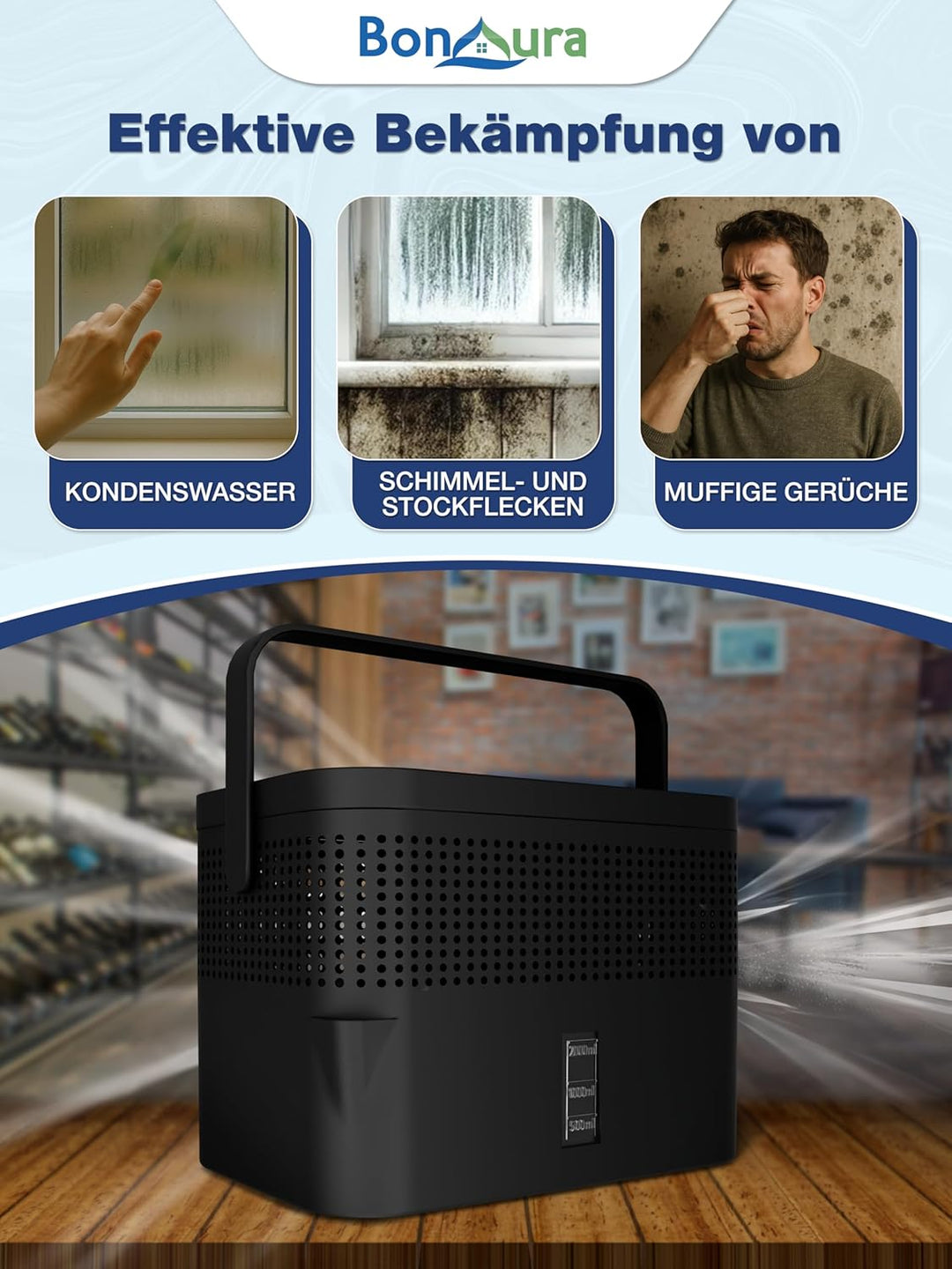 BonAura® AirOne Max Luftentfeuchter ohne Strom bis 33m² I 360° Belüftung I Raumentfeuchter mit Ausgi