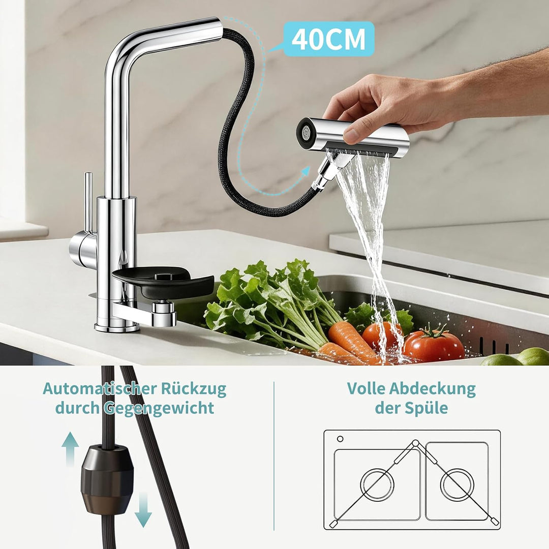 360° drehbarer Wasserhahn Küche ausziehbar mit Brause (Chrom) | wasserfall Mischbatterie Küche mit G