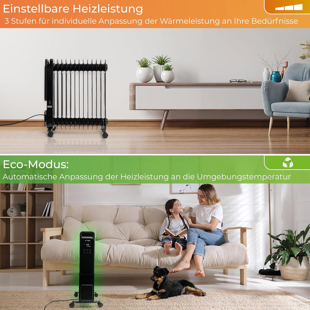 KLAMER Ölradiator 2500 W, Elektroheizung energiesparend, 13 Rippen, 3 Heizstufen mit Eco-Modus, 24h