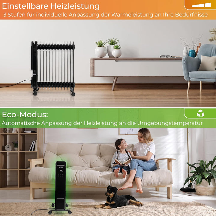 KLAMER Ölradiator 2500 W, Elektroheizung energiesparend, 13 Rippen, 3 Heizstufen mit Eco-Modus, 24h