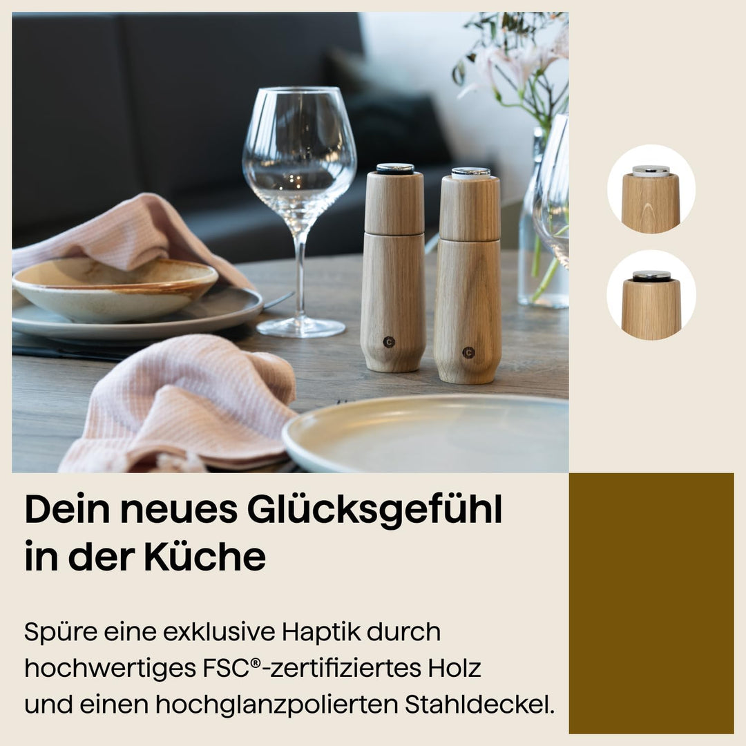 Crushgrind Champagne Gewürzmühle Set aus Eiche mit Keramikmahlwerk | 2x Salz und Pfeffermühle mit ve
