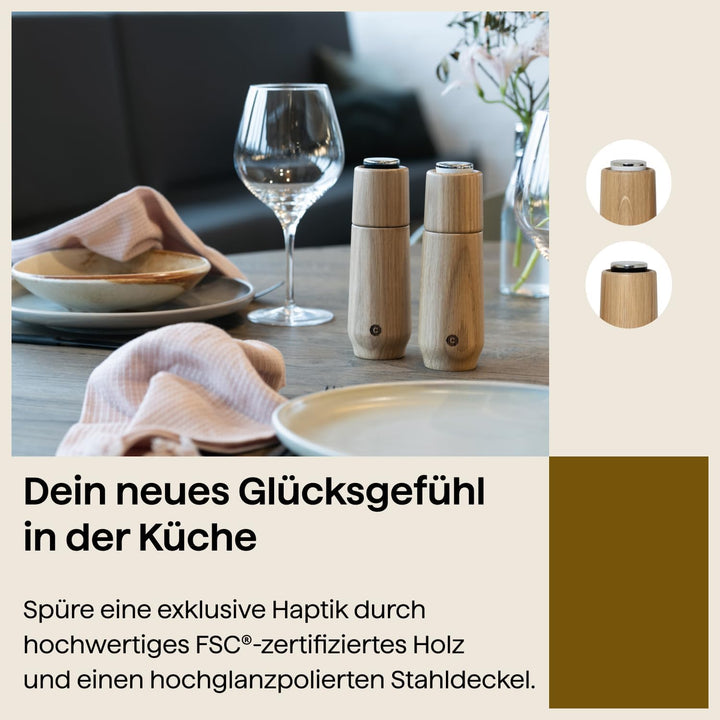 Crushgrind Champagne Gewürzmühle Set aus Eiche mit Keramikmahlwerk | 2x Salz und Pfeffermühle mit ve