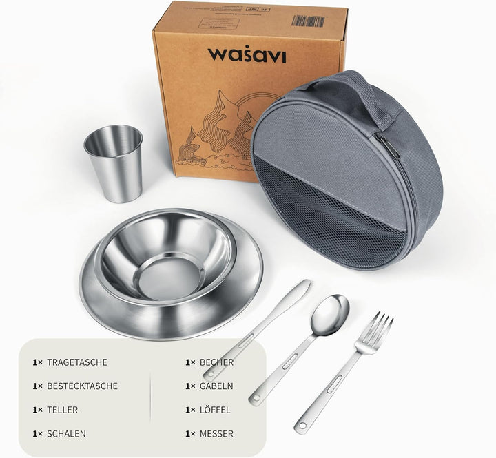 Campingbesteck Set – Camping Geschirr Set mit Edelstahl Besteckset, Teller, Schale und Gläser. Inklu