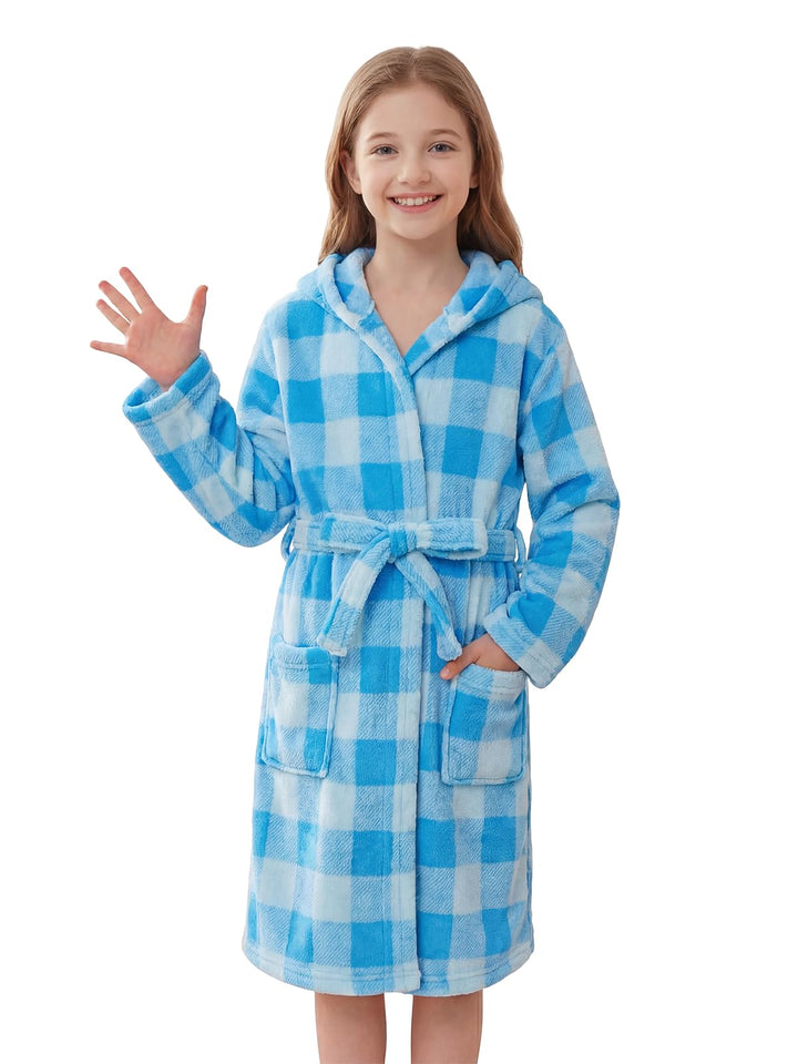 JiAmy Kapuzen Bademantel für Mädchen Flauschiger Fleece Plüsch Langer Schlafmantel Kinder Blau 10-12