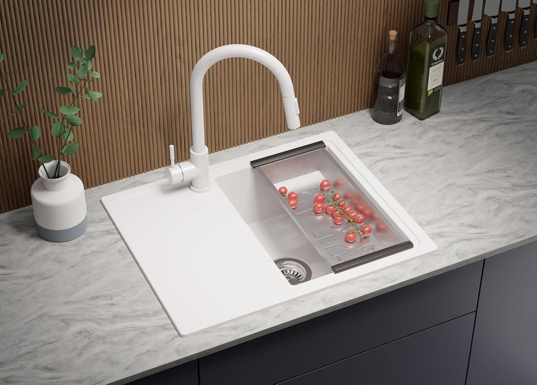 Spülbecken Weiss 62x50 cm, Granitspüle + Ablauf-Set + Küchenarmatur 5000, Küchenspüle für 40er Unter