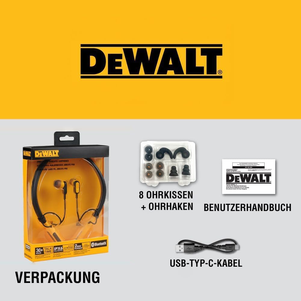 DEWALT Heavy-Duty Bluetooth Neckband Kopfhörer – Kabellose Nackenbügel-Earbuds mit 30Std. Laufzeit,