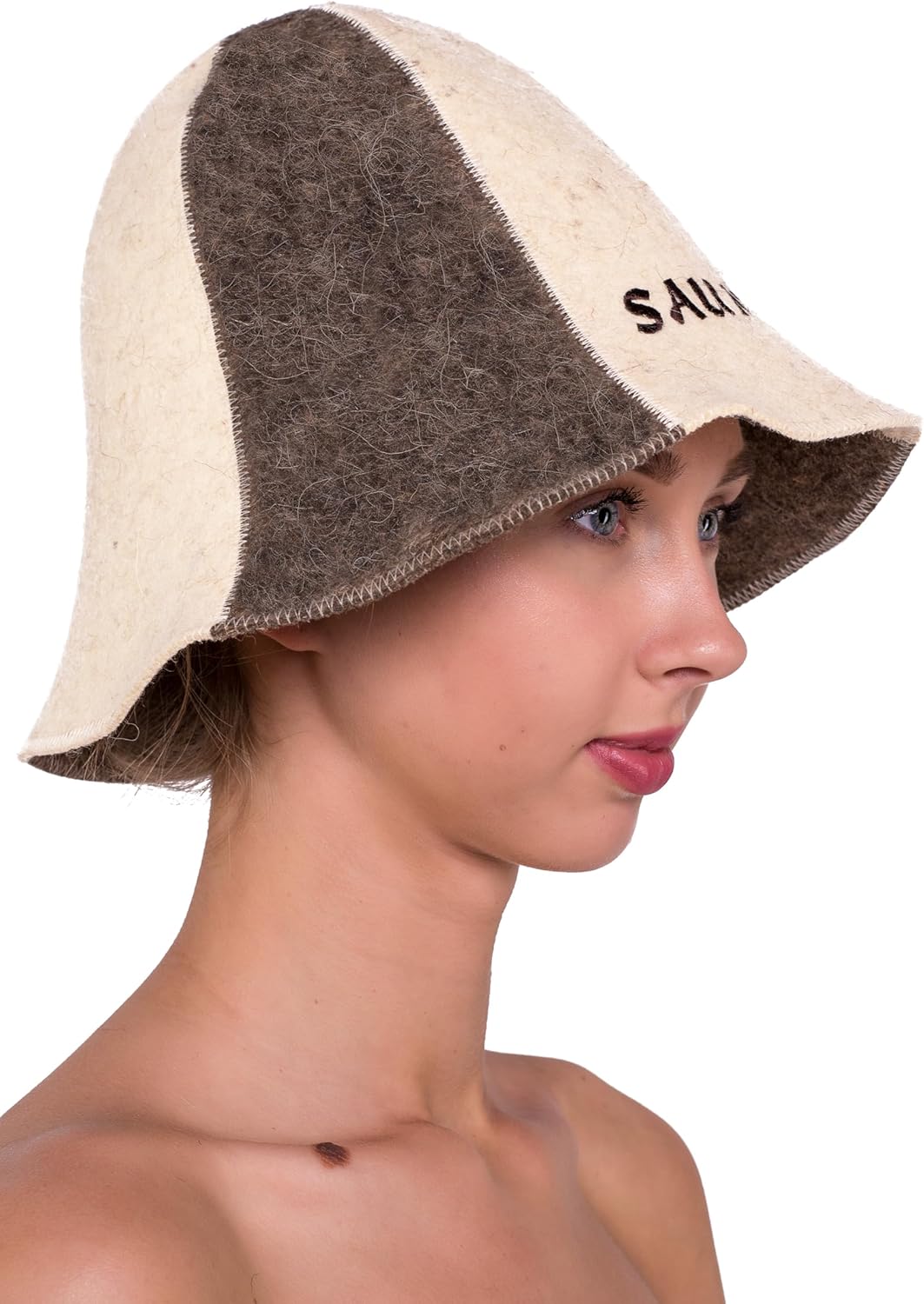 Ger3as Saunahut 100% Wolle Filz Natürlich mit Stickerei für Damen und Herren, Wellness Mütze Premium