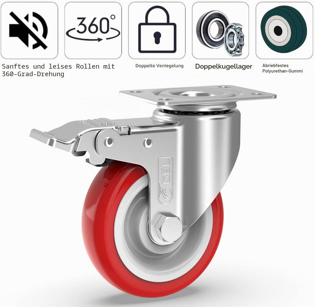GBL Möbelrollen Schwerlast mit 2 Bremsen + Schrauben - 125mm 800KG - 4 Lenkrollen gross ohne Möbel B