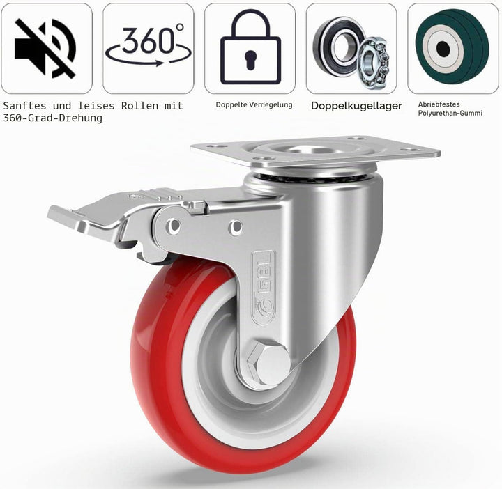GBL Möbelrollen Schwerlast mit 2 Bremsen + Schrauben - 125mm 800KG - 4 Lenkrollen gross ohne Möbel B