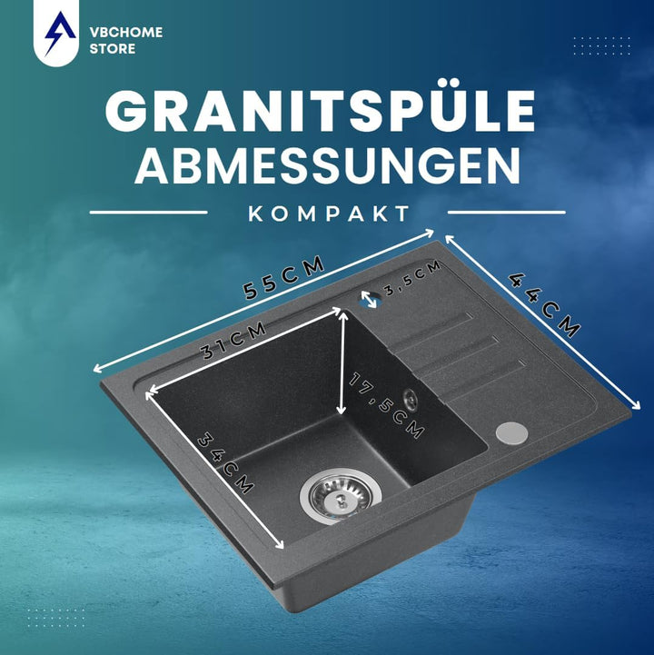 VBChome Spülbecken Granit Schwarz mit Armatur 55 x 44 cm Einzelbecken Einbauspüle Gesprenkelt Revers