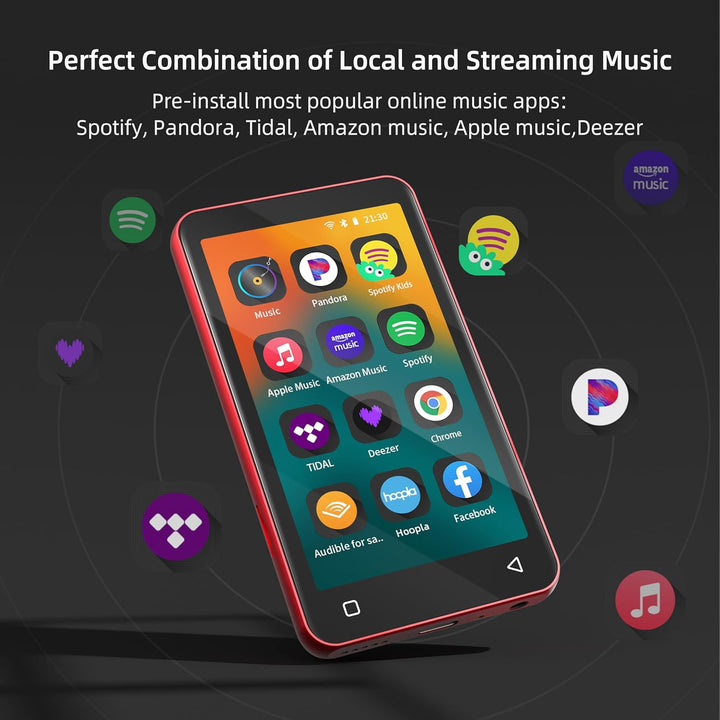 MP4 MP3-Player mit Bluetooth und WLAN, 4"-Voll-Touchscreen, mit Spotify, Android-Streaming-Musikplay
