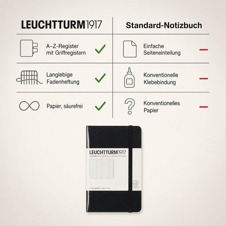 LEUCHTTURM1917 316927 Adressbuch Pocket (A6), Hardcover, Schwarz, Pocket (A6)
