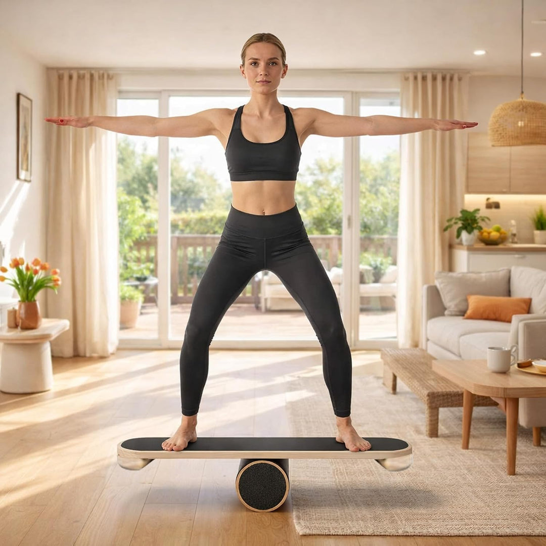 Balance Board, Gleichgewichtsboard Holz, Balanceboards Erwachsene mit verstellbaren Stoppern und Kor