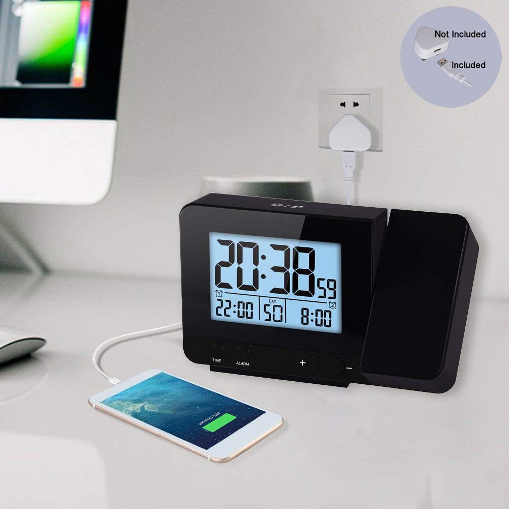 VORRINC Projektionswecker Digital Uhr mit USB Anschluss, Innentemperaturanzeige und Datumsanzeige, 4
