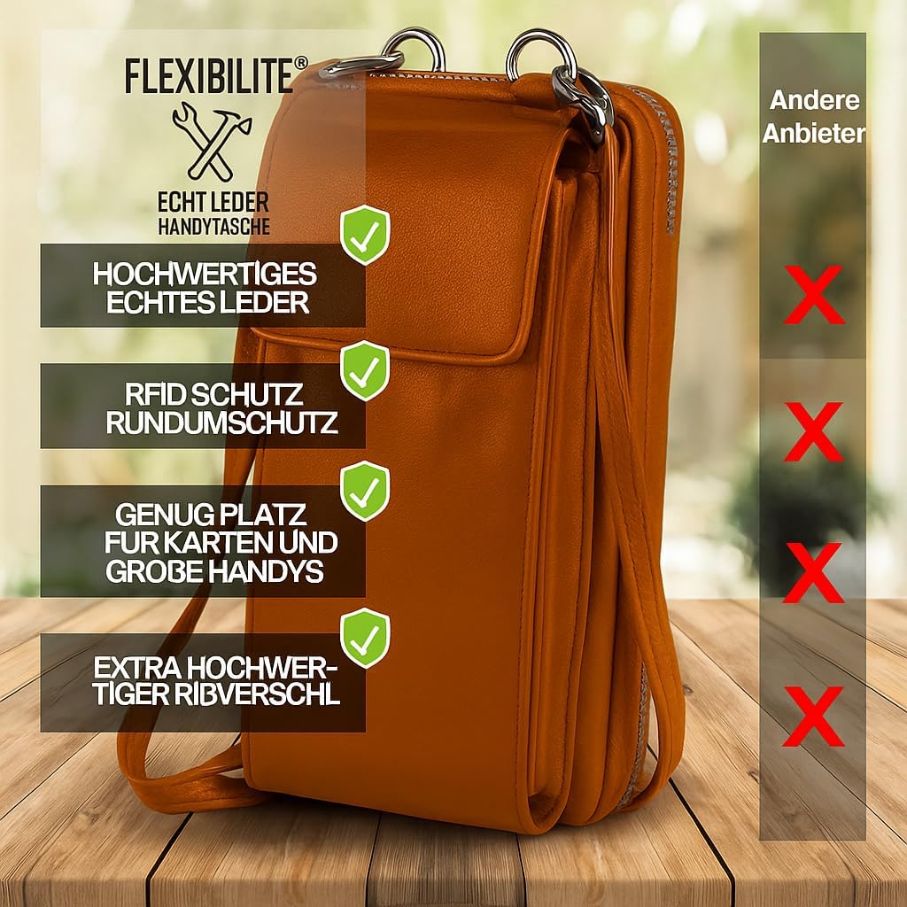 FLEXIBILITE® Handytasche zum Umhängen Braun aus echtem Leder I EXTRA leicht 220 g mit RFID I Handy P