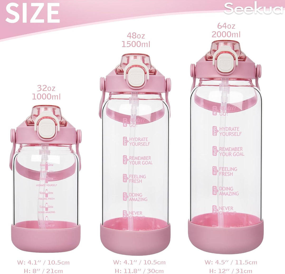 Seekua 1.5 liter Trinkflasche Glas Flasche mit Strohhalm & Zeitmarkierung, 1.5l Wasserflasche mit Fr
